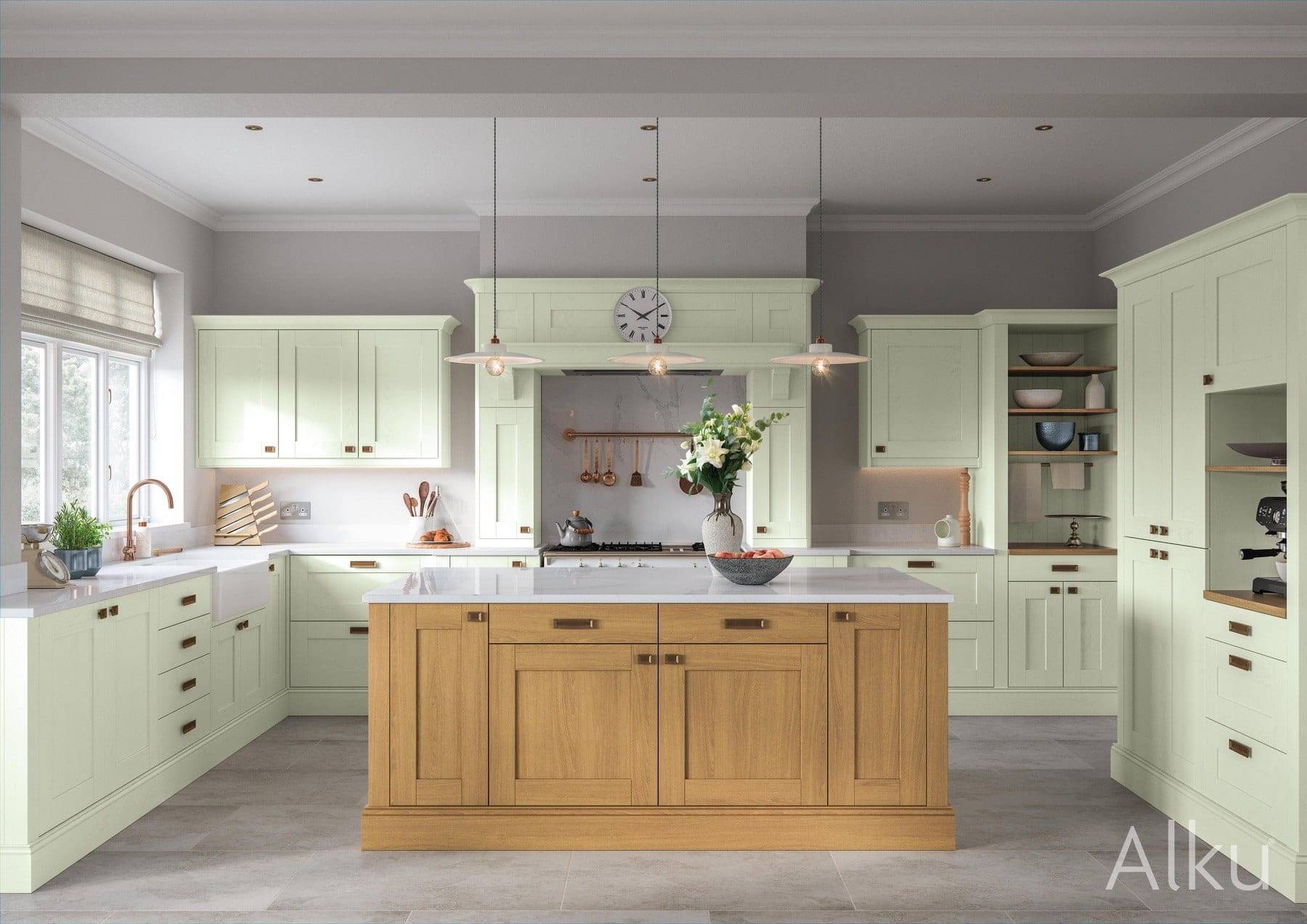 Alku Pastel Green Kitchen With Wooden Island | 3 Rooms Design, Congleton