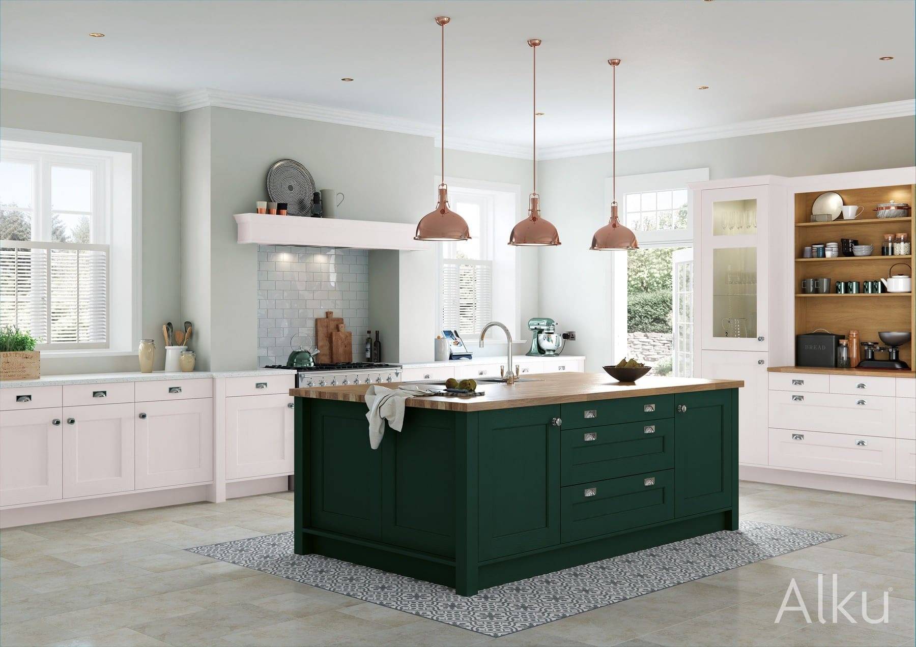 Alku Light Shaker Kitchen With Green Island | 3 Rooms Design, Congleton