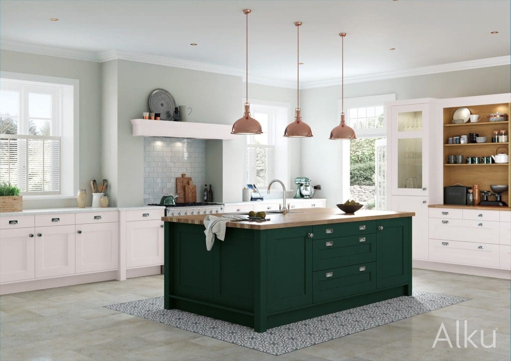 Alku Light Shaker Kitchen With Green Island | 3 Rooms Design, Congleton